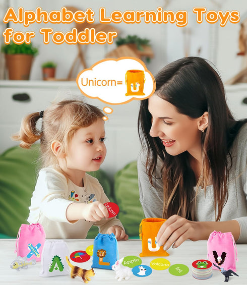 Set 104 26 Alphabet Learning Toys for Toddlers, Word Work Small Group with Phonics Flash Cards and Animal Figurines