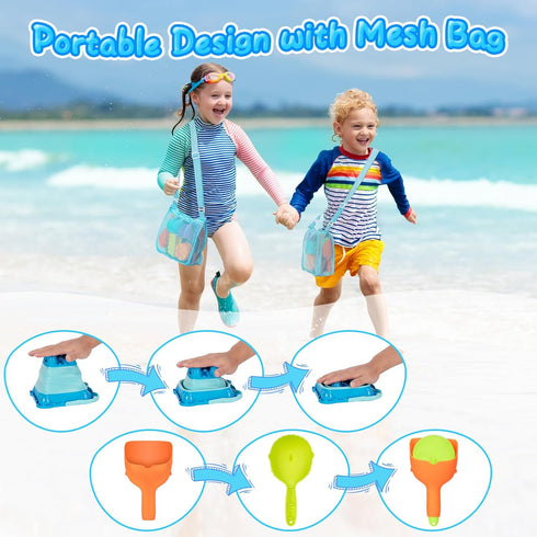 Collapsible Sand Toys - 9pcs Sand Castle Building Kit: Foldable Buckets, Shovels, Molds & Mesh Bag for Kids 3-12