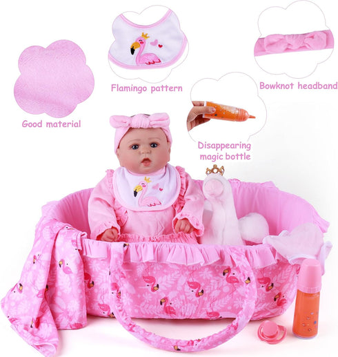 BABESIDE 10 PCS Reborn Baby Doll Clothes, Flamingo Theme with Bassinet for 17-22 Inch Dolls