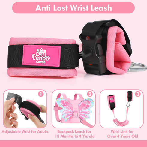Lehoo Castle 3 in 1 Baby Leash for Toddlers, Anti Lost Wrist Link with Key Lock Design (Pink Butterfly)