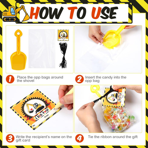 30 Set Capoda Construction Theme Plastic Shovel with Clear Cellophane Bag Construction Theme I Dig You Cards and Ropes