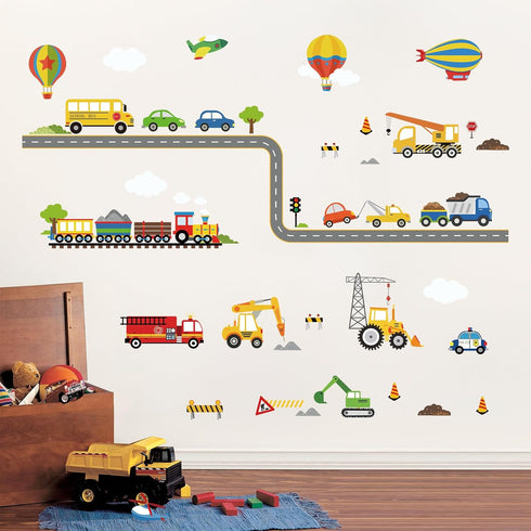 decalmile Construction Transportation Wall Decals, Kids Bedroom Wall Stickers for Baby Nursery Playroom Decor
