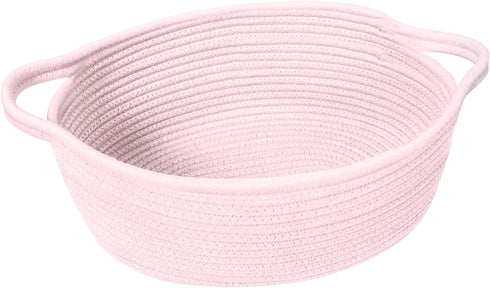 Small Woven Gift Basket, Light Pink Cotton Rope Cat Dog Toy Bin Box, Nursery Baby Basket, Wicker Basket with Handles,