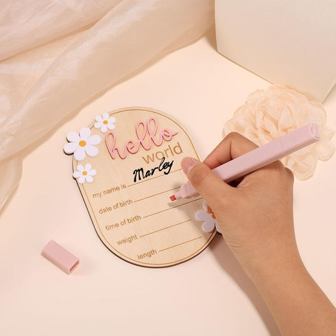 Gosknor Baby Announcement Sign, Wooden Hello World Newborn Welcome Sign Personalized Birth Announcement Board for Baby