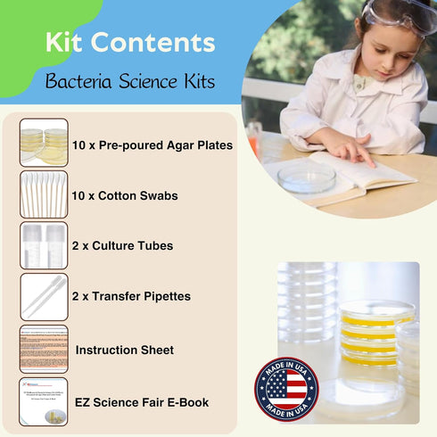 Bacteria Science Kit: Pre-poured LB Agar Plates, Cotton Swabs, E-Book for Science Fair Project with Award Winning