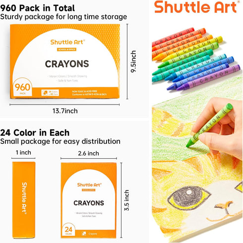 Set 40 24 960 Count Shuttle Art Crayons Bulk - Boxes of Assorted Colors, Durable & Non-Toxic Teacher-Quality Crayons