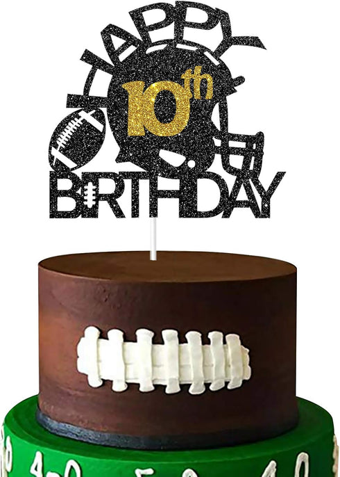 Black & Gold Glitter Football Happy 10th Birthday Cake Topper - Football Theme Party Decoration, 10th Birthday Party