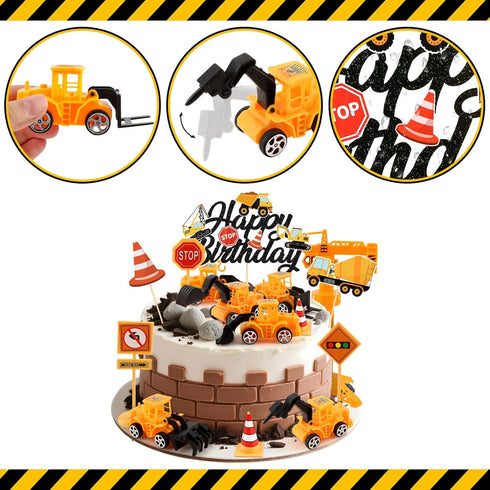 21PCS Set Construction Cake Toppers Truck Cake Decoration Excavator Tractor Tower Crane Cupcake Topper Traffic and Road