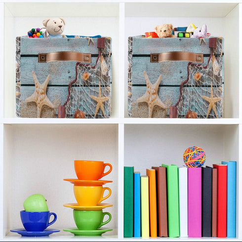 AUUXVA Summer Beach Sand Storage Basket Bin, Rustic Wooden Starfish Large Fabric Toys Storage Cube Box