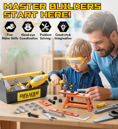 Set 3 3-5 Lehoo Castle Kids Tool with Electric Toy Drill and Tool Box, Construction Toys for Year Old Boys Birthday