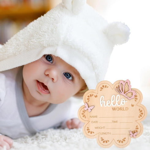 lasuroa Hello World Newborn Announcement Sign, Butterfly Wooden Newborn Sign Personalized Baby Name Plaque Birth
