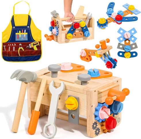 TONZE Kids Tool Set with Apron, 39 PCS Wooden Toddler Tool Bench
