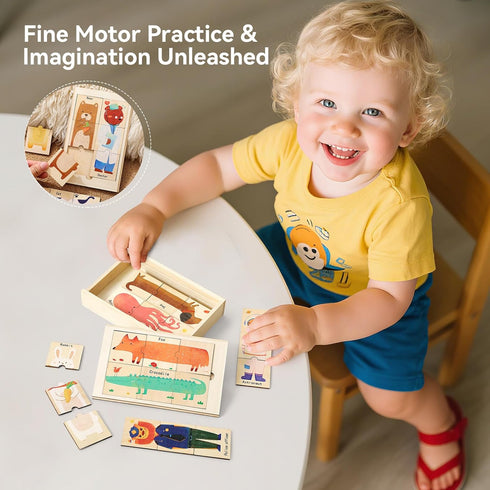 3+, Wooden Animal & Career Matching Puzzles for Ages Chunky Pieces with Storage Box, Montessori Preschool Learning Toy