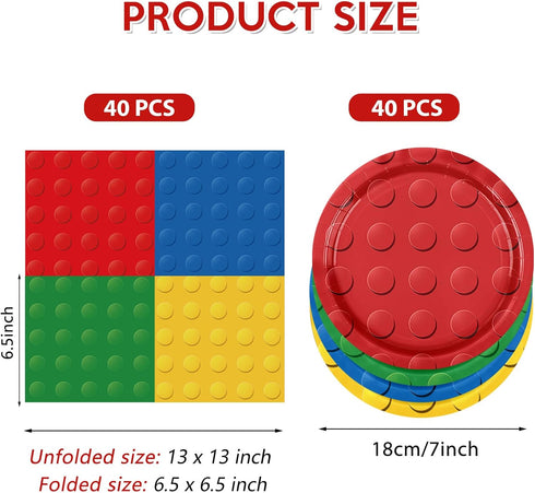 80PCS Building Blocks Themed Birthday Party Decorations, Building Bricks Tableware, Party Paper Plates Napkins,