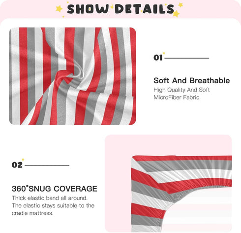 Pigsaly 27x39 Inch Crib Sheets Red White Grey Stripe Baby Sheet for Standard Crib Mattress Boys Girls Toddler Bed