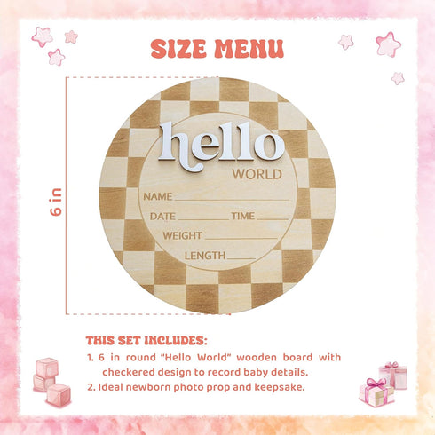 TTMerriwood 6.5 Inch Baby Announcement Sign Wooden Hello World Newborn Welcome Sign Birth Name (Checkered)