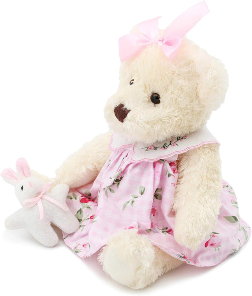 Oitscute Small Baby Teddy Bear, Cute Stuffed Animal Soft Plush Toy 10" (Pink Dress with Rabbit)