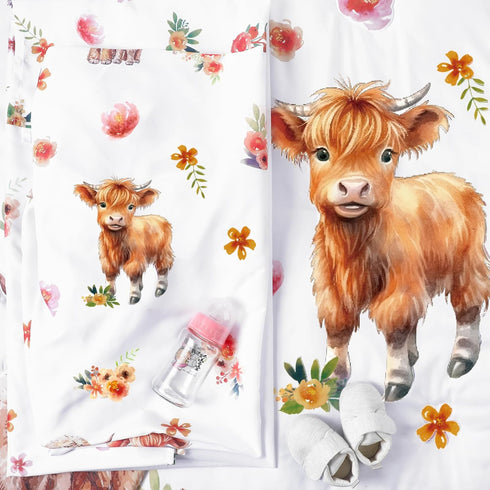 Set Set Sets Mixweer Highland Cow Crib Bedding for Boys Girls Colorful Flower Baby Crib Bedding Mini Cattle Comforter