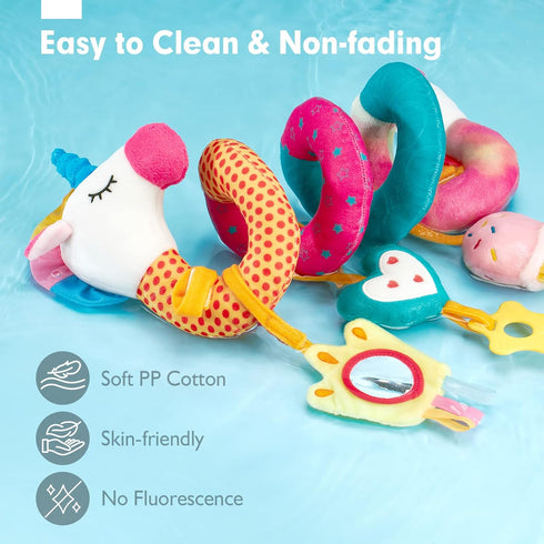 hahaland Car Seat Toys for Babies 0-6 Months Girl - Rattle, Mirror, Crinkle, Squeaky Stroller Toys for Development