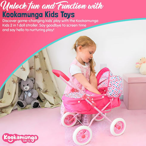 2 1 KOOKAMUNGA KIDS Baby Doll Stroller Pram - Realistic Toy Baby Stroller for Dolls in Toy Play Pram Doll Carriage
