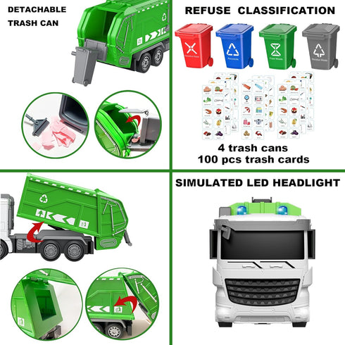 2.4Ghz Remote Control Garbage Truck Toys, 1/24 RC Garbage Truck with 4 Trash Cans, 6 Channel Waste Management, 100pcs