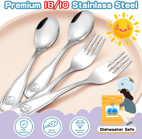 Toddler Utensils Kids Silverware Set, 8 PCS 18/10 Stainless Steel Cutlery with Dog & Cat Pattern, Dishwasher Safe