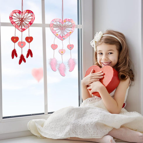 6 Pack Fennoral Heart Dream Catcher Craft Kit for Kids Paint You Own Love Heart Dream Catcher DIY Coloring Mother's Day
