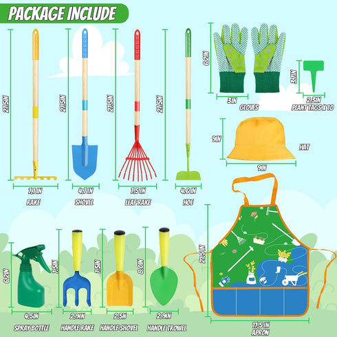 Magic4U Set, 22 3+ Kids Gardening Tools Pcs Metal Garden Tools Toys with Apron, Gloves, Wood Handle Shovel, Rake, Hoe
