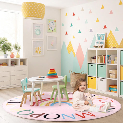 Nursery Rug Round Rainbow Classroom Rug Elementary, Non-Slip Rainbow Rug for Girls Room, Extra Large Learning Carpet