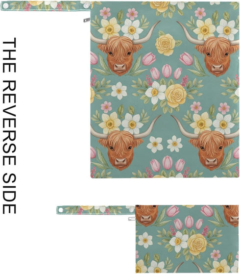 Burbuja 2 Pack, 2 Cow Flower Wet Dry Bags for Baby Cloth Diaper Waterproof Reusable Wet Bag with Zippered Pockets