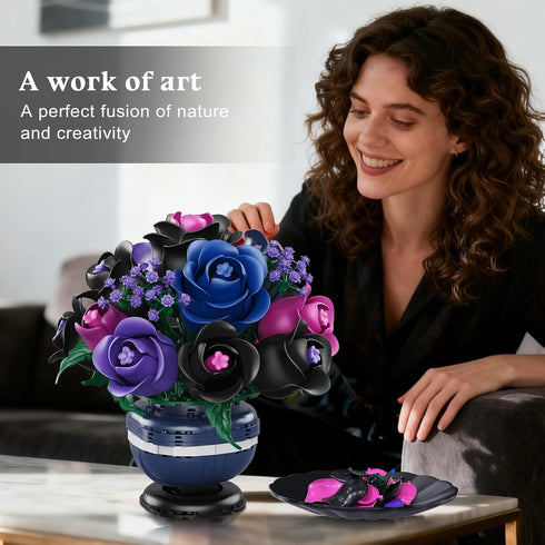 Set 507PCS Set HiWEEGO Flowers Botanicals Building - Artificial Purple Black Rose Bonsai Plant for Home Decor