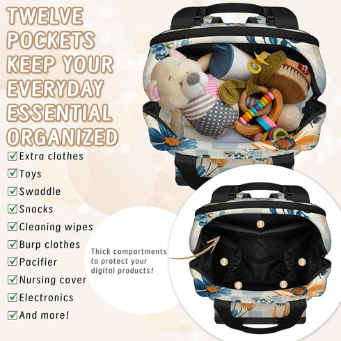 Shoblo Backpack Checkered Background Flowers Diaper Bag for Travel, Waterproof Diaper Bag with Insulated Bottle Pockets