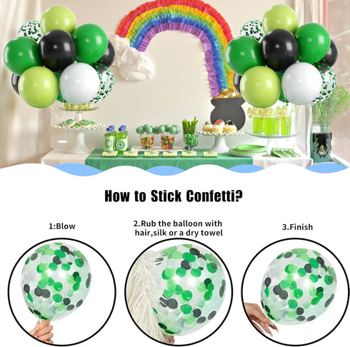 Green Black and White Balloons - 60 PCS Set with Confetti Balloons for Video Game Football Theme Party