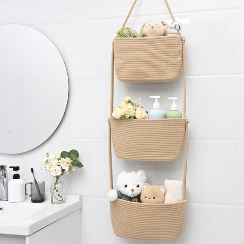 3-Tier 4 Hanging Basket, Wall Baskets, Over the Door Organizer with Hooks, Hanging Baskets for Organizing, Woven
