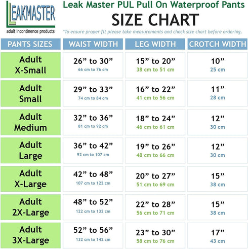 36-42 Inch (1 Pack) LeakMaster Adult PUL Waterproof Pants - Soft, Quiet, Breathable, Durable Adult Plastic Pants.