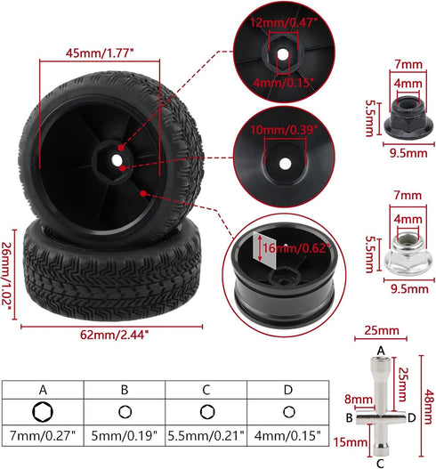 4 Pack 12mm Hex Wheels and Tires Set with Locknuts and Wrench for RC 1/10 On Road Racing Touring Car