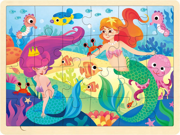 24 Piece Little Mermaid Wooden Puzzle for Kids Ages 3-5, Preschool Toddler Puzzles with Picture Underneath