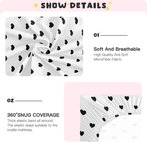 KICPOAY 52 28 Black Heart Polka Dots White Fitted Crib Sheets Stretchy Portable Playard Sheets for Baby Toddler