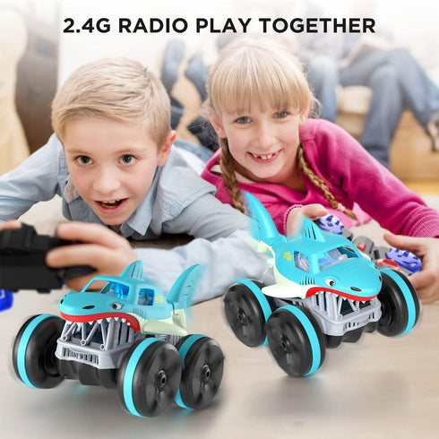 MaxTronic Amphibious Remote Control Car, 2.4 GHz 4WD 1:14 Scale Waterproof Monster Truck, RC Boat Shark Toys 3-12 Years