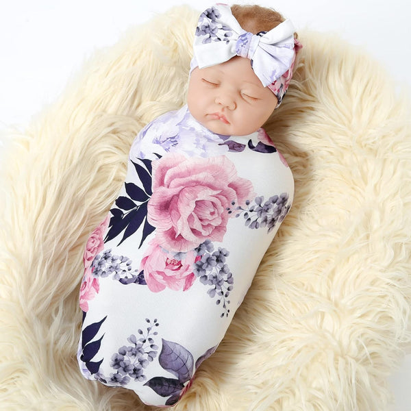 Galabloomer Newborn Receiving Blanket and Headband Set, Baby Flower Swaddle for Infants