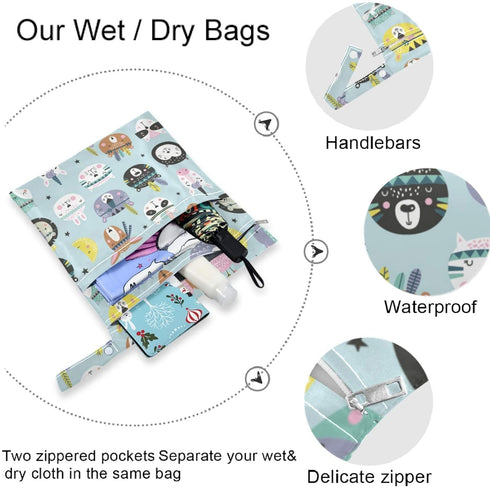 visesunny 2Pcs Funny Bear Unicorn Animal Wet Bag with Zippered Pockets Washable Reusable Roomy