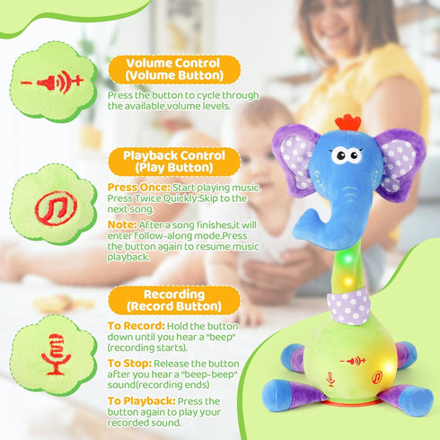 10 1-3 Dancing Talking Elephant Baby Toy, Elephant Stuffed Animal Interactive Toy, Repeating What You Say, Singing