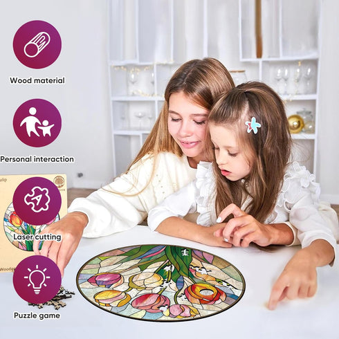 200 5MM 11.2 11.2inch MYS AUR Puzzles for Adults, Tulip Stained Glass Wooden Puzzles Pieces, Thick Unique Shaped Flower
