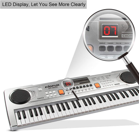 LeeQee Digital Keyboard Piano for Kids - 61 Keys Multifunction Electric Piano with Microphone for Ages 3-12 (Silver)