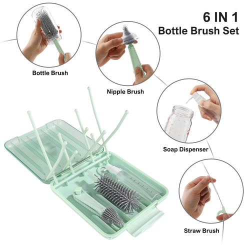 Set Essential-6 1 Bottle Brush -Baby Travel in Bottle Cleaner Kit with Silicone Bottle Brush,Nipple Cleaner Brush,Straw