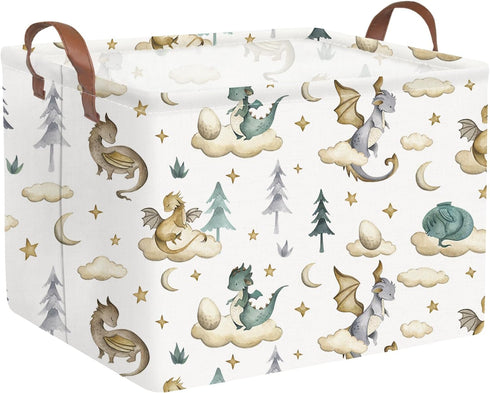 FXOCSHE Rectangular Dinosaur Baskets,Watercolor cute dragon fairy tale kids nursery basket,Cloud moon star