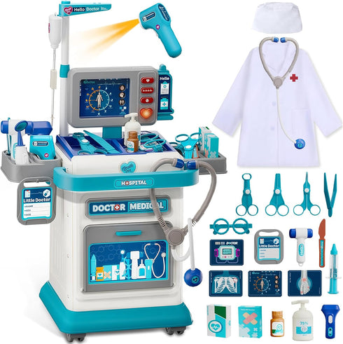 Doctor Kit for Toddlers 3-5, Pretend Doctors Play Set with Cart, Costume