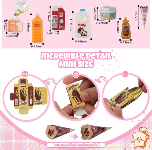 kimo 40+ Playset. Mini Refrigerator Toy, Fill The Fridge with Ice Cream, Juice & Mini Food Toys for Dollhouse