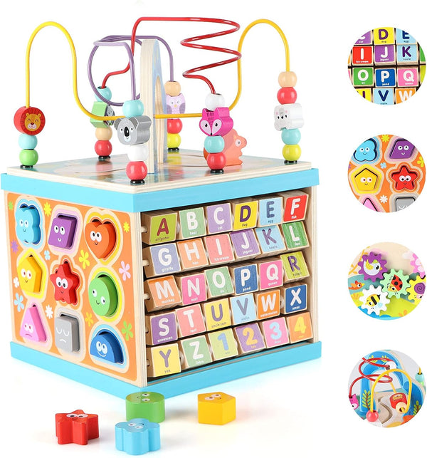 Qilay Wooden Activity Cube for Toddlers 1-3 - 5 in 1 Multipurpose ABC-123 Abacus Bead Maze Shape Sorter