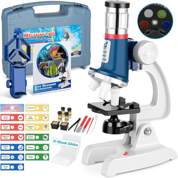 58-Piece Kids Microscope Kit - 100X-1200X Magnification with LED Light and Carrying Box for Ages 5-12